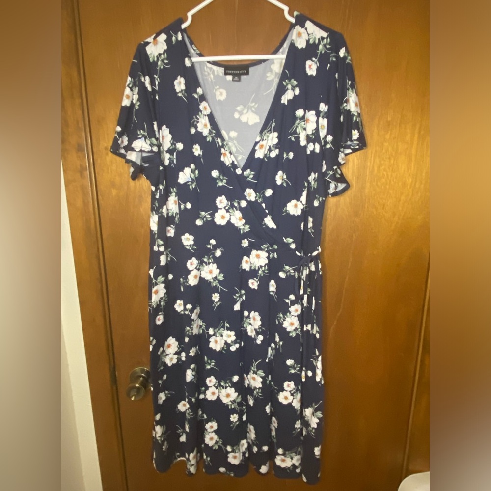 Blue and White Ruffled Wrap Midi Dress